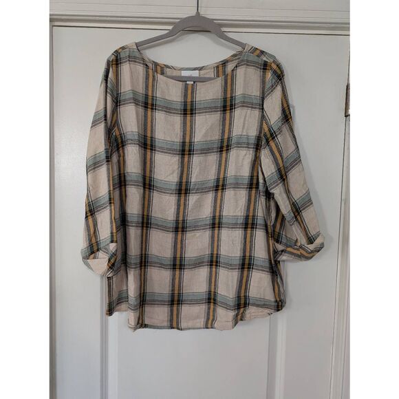 J. Jill‎ Flannel Pullover Top women's Large muted plaid colors 3/4 sleeve cozy - Picture 1 of 6